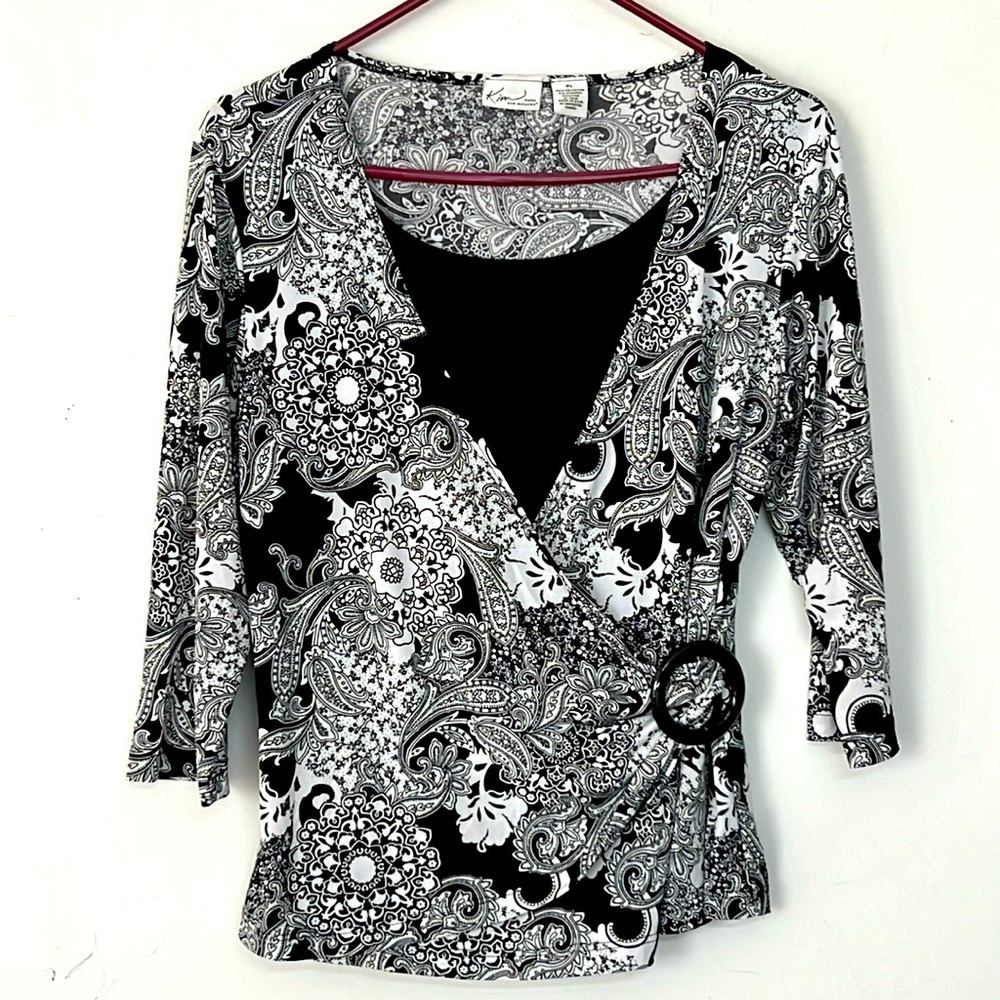 🌞 Kim Rogers Petite 90s black white paisley floral layered look blouse women LP